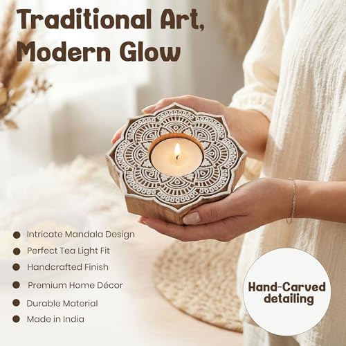 Goyoham | Pack of 2, Premium Wooden Candle Holders with Floral Mandala Pattern | Handcrafted in India | Home Decor and Gifting - Image 2