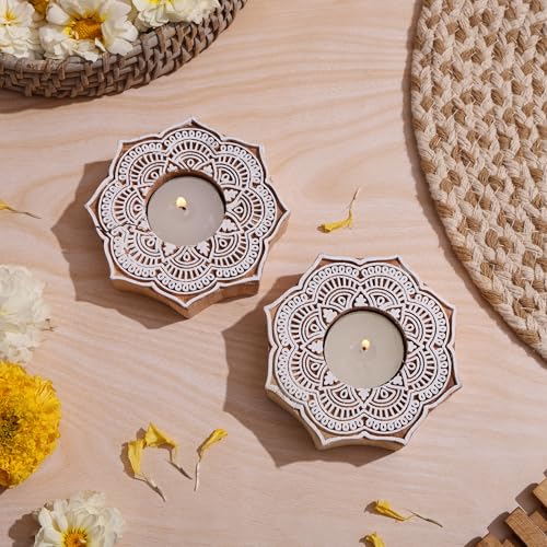 Goyoham | Pack of 2, Premium Wooden Candle Holders with Floral Mandala Pattern | Handcrafted in India | Home Decor and Gifting - Image 3