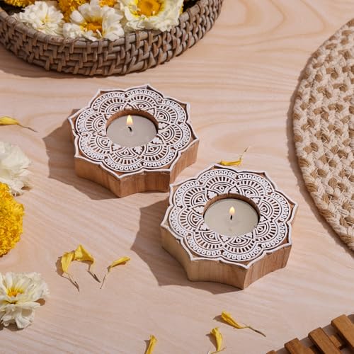 Goyoham | Pack of 2, Premium Wooden Candle Holders with Floral Mandala Pattern | Handcrafted in India | Home Decor and Gifting - Image 1