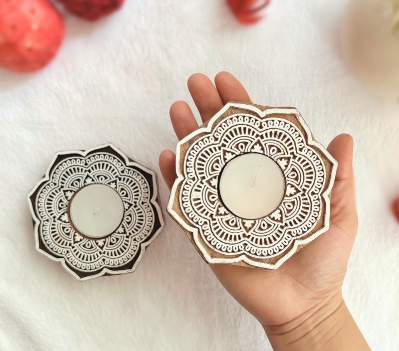 Goyoham | Pack of 2, Premium Wooden Candle Holders with Floral Mandala Pattern | Handcrafted in India | Home Decor and Gifting - Image 5