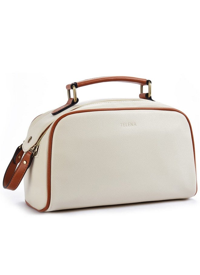 Telena Travel Toiletry Bag Makeup Cosmetic Bags For Women Waterproof Pu Leather Toiletry Organizer Portable Large Capacity Beige With Brown  - Image 1