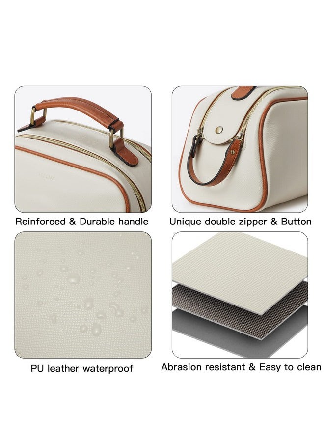 Telena Travel Toiletry Bag Makeup Cosmetic Bags For Women Waterproof Pu Leather Toiletry Organizer Portable Large Capacity Beige With Brown  - Image 2