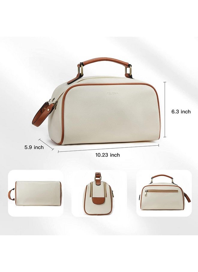 Telena Travel Toiletry Bag Makeup Cosmetic Bags For Women Waterproof Pu Leather Toiletry Organizer Portable Large Capacity Beige With Brown  - Image 4