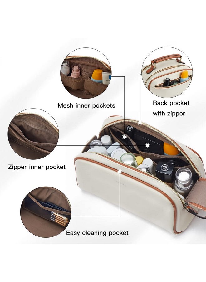 Telena Travel Toiletry Bag Makeup Cosmetic Bags For Women Waterproof Pu Leather Toiletry Organizer Portable Large Capacity Beige With Brown  - Image 3