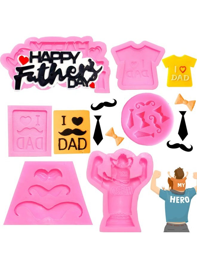 Doumeny 6Pcs Happy Father's Day Fondant Mold, I love Dad Silicon Mold Mustache Tie Baking Mold Bow Beard Chocolate Mold Necktie T-shirt Candy Mold Little Man Theme Biscuit Cake Mold for Birthday Decor - Image 1