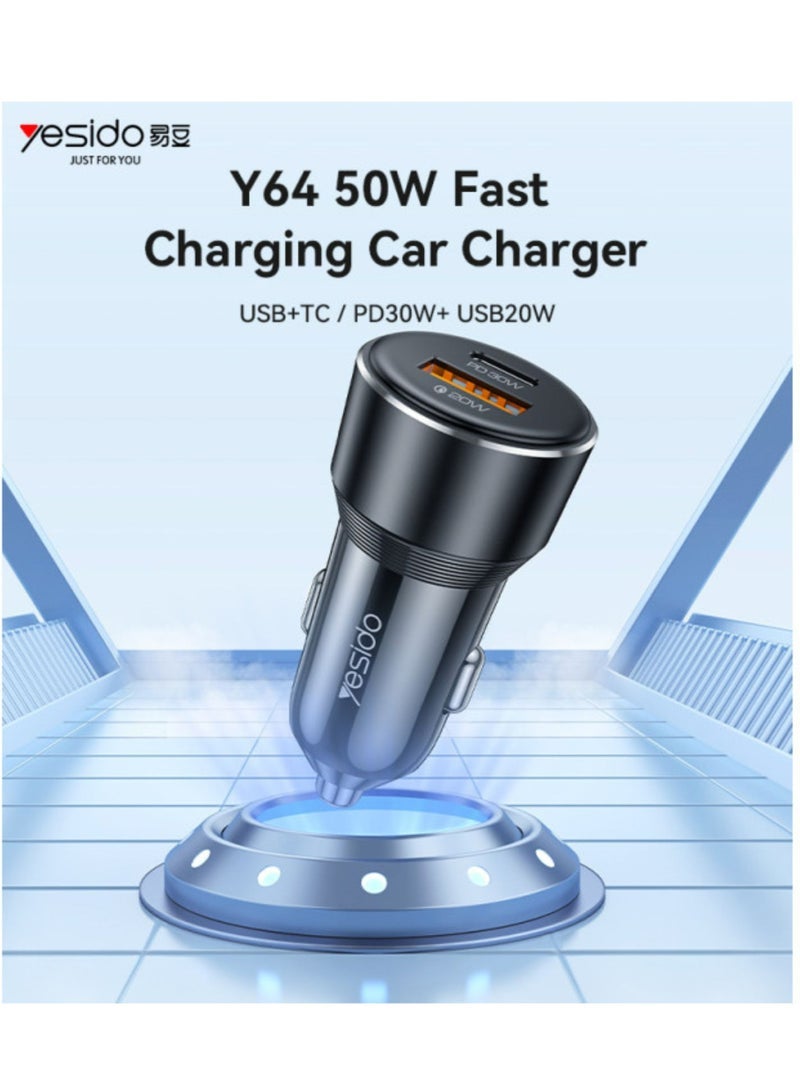 Yesido Y64 50W Fast Charging Car Charger – Black | Aluminum Alloy Dual Port (USB + Type-C) with PD30W & USB20W Output | Multi-Protection Smart Adapter for Phones, Tablets & GPS Devices in Car - Image 2