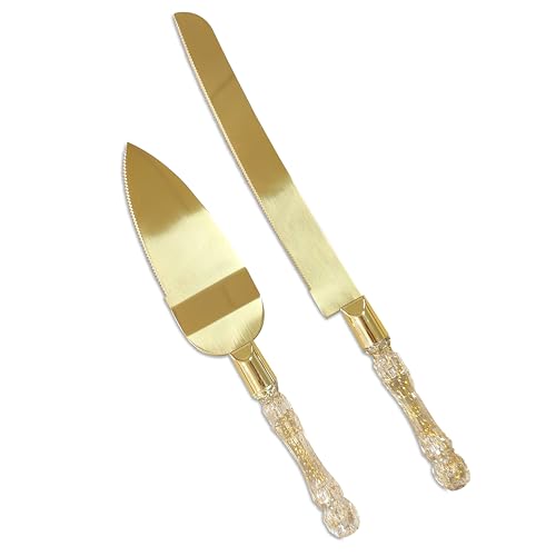 Homi styles Wedding Cake Knife and Server Set Cake Cutter and Pie Spatula Cake Server and Knife Set of 2 with Plastic Handles Titanium Gold Plated Blades Cutting Set for Birthdays and Parties Glitter Gold