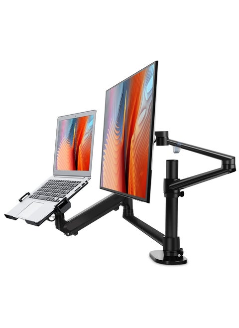 Laptop Monitor Mount, 2-in-1 Adjustable Dual Arm Desk Mounts Single Desk Arm Stand/Holder for 17 to 32 Inch LCD Computer Screens, Extra Tray Fits 12 to 17 inch Laptops Organize Your Work Surface