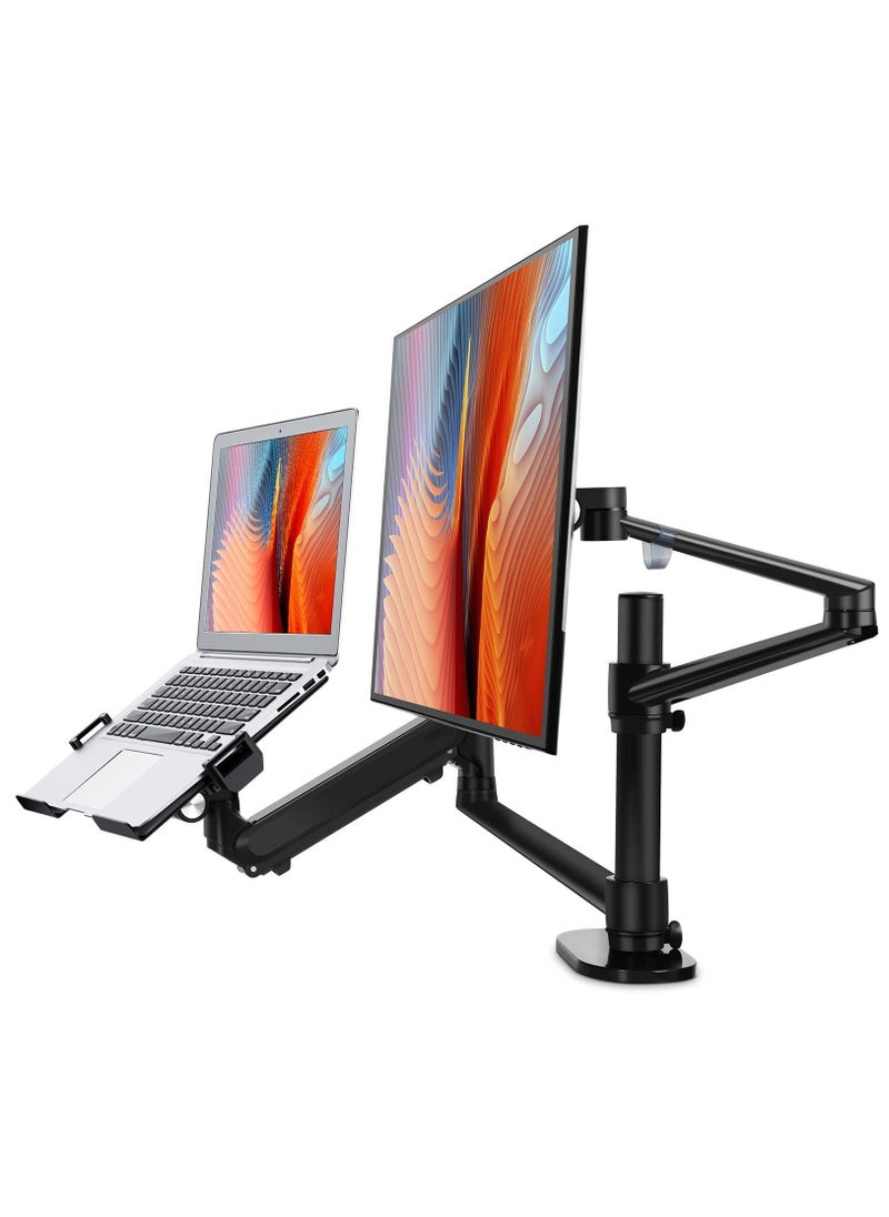 Laptop Monitor Mount, 2-in-1 Adjustable Dual Arm Desk Mounts Single Desk Arm Stand/Holder for 17 to 32 Inch LCD Computer Screens, Extra Tray Fits 12 to 17 inch Laptops Organize Your Work Surface