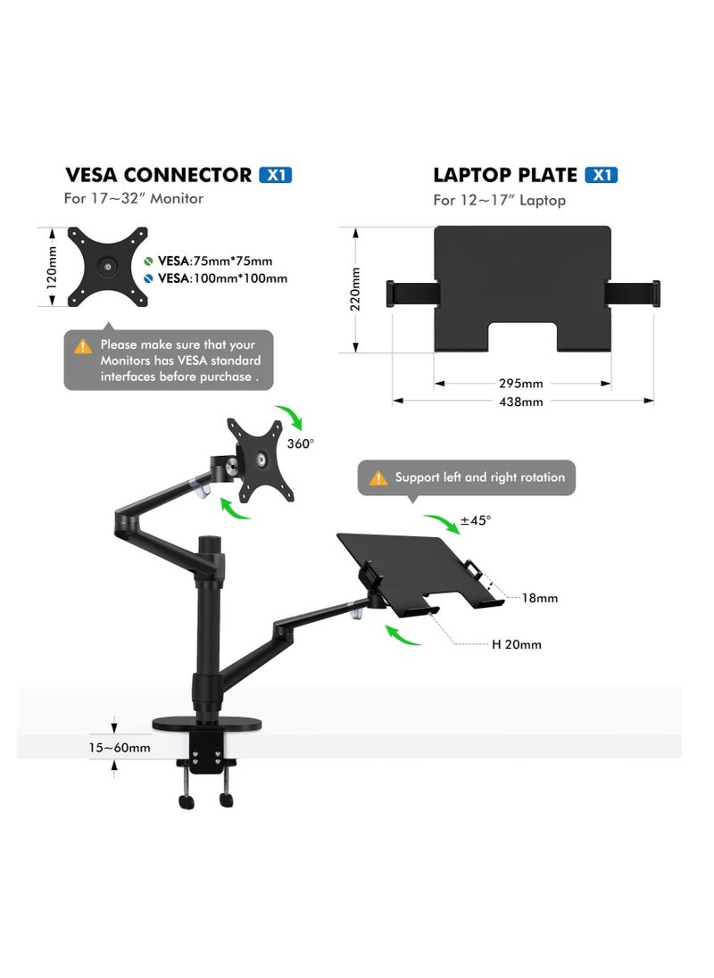 Laptop Monitor Mount, 2-in-1 Adjustable Dual Arm Desk Mounts Single Desk Arm Stand/Holder for 17 to 32 Inch LCD Computer Screens, Extra Tray Fits 12 to 17 inch Laptops Organize Your Work Surface