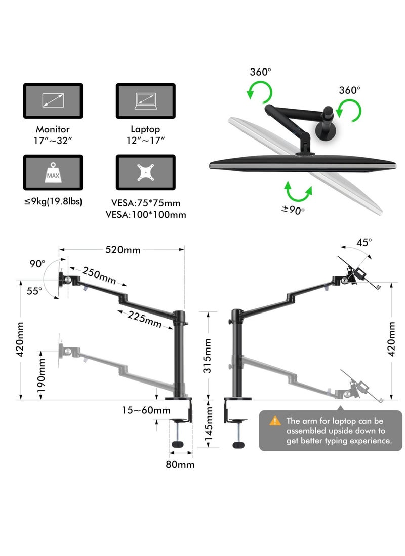 Laptop Monitor Mount, 2-in-1 Adjustable Dual Arm Desk Mounts Single Desk Arm Stand/Holder for 17 to 32 Inch LCD Computer Screens, Extra Tray Fits 12 to 17 inch Laptops Organize Your Work Surface