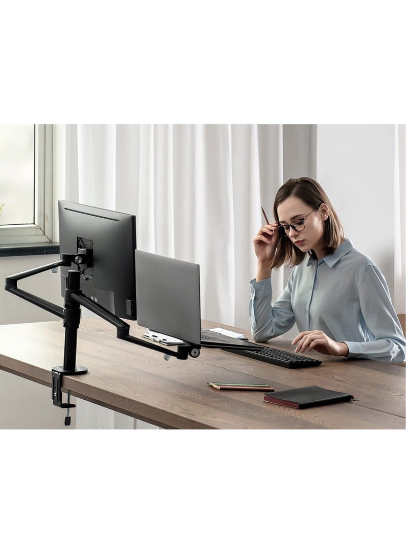 Laptop Monitor Mount, 2-in-1 Adjustable Dual Arm Desk Mounts Single Desk Arm Stand/Holder for 17 to 32 Inch LCD Computer Screens, Extra Tray Fits 12 to 17 inch Laptops Organize Your Work Surface