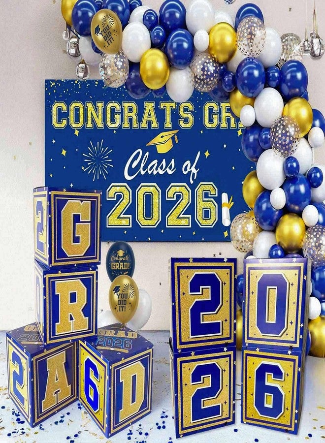 Amplov Graduation Decorations Class of 2026 Navy Blue and Gold, 2026 GRAD Balloon Boxes with Letters, Balloon Garland Kit, Congrats Grad Banner, Photo Backdrop for High School & College Party Supplies - Image 1