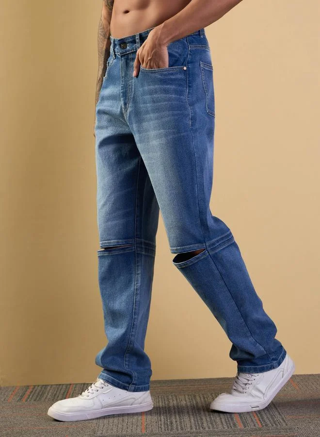 Mascln Sassafras Mascln Sassafras Mid Rise Knee Slit Open Relax Fit Jeans