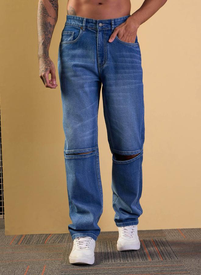 Mascln Sassafras Mascln Sassafras Mid Rise Knee Slit Open Relax Fit Jeans - Image 1