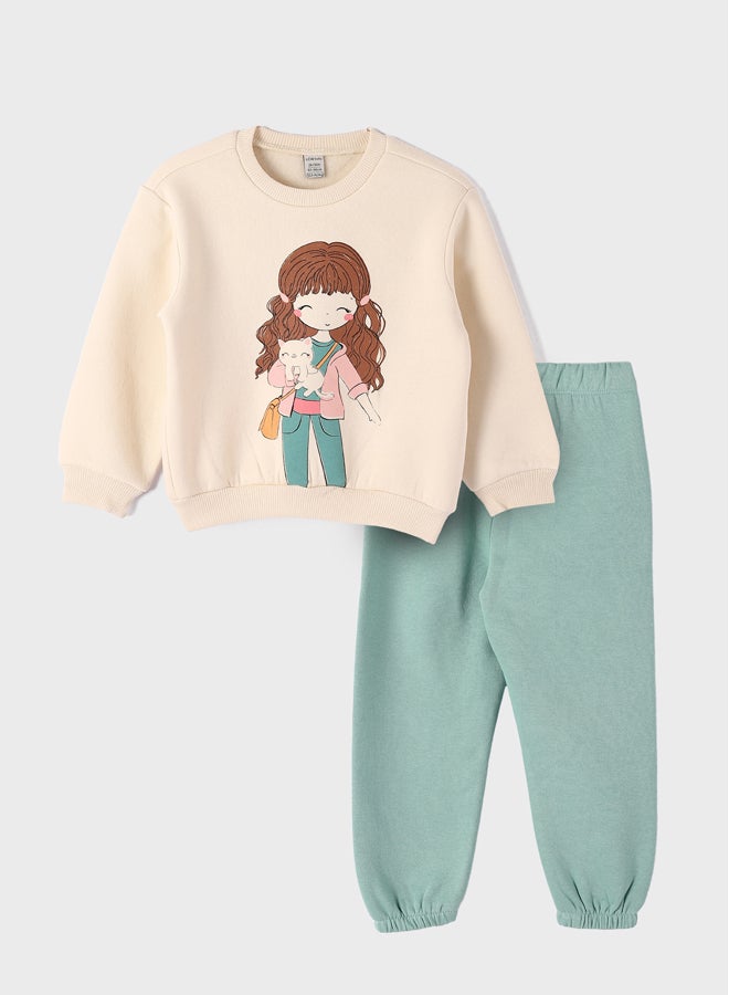 LC WAIKIKI Crew Neck Long Sleeve Baby Girl Sweatshirt and Pants 2-Pack Set  - Image 1
