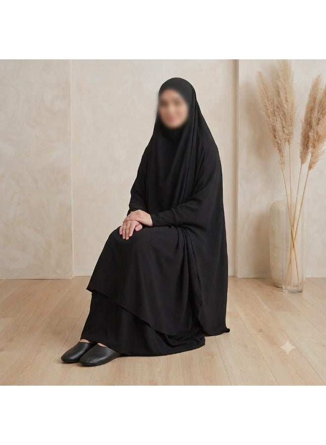 AMYAE Women's Two Piece Islamic Prayer Dress | Long Sleeve Prayer Abaya | Jilbab Prayer Set | Umrah & Hajj Essentials | Black | Free Size - Image 1