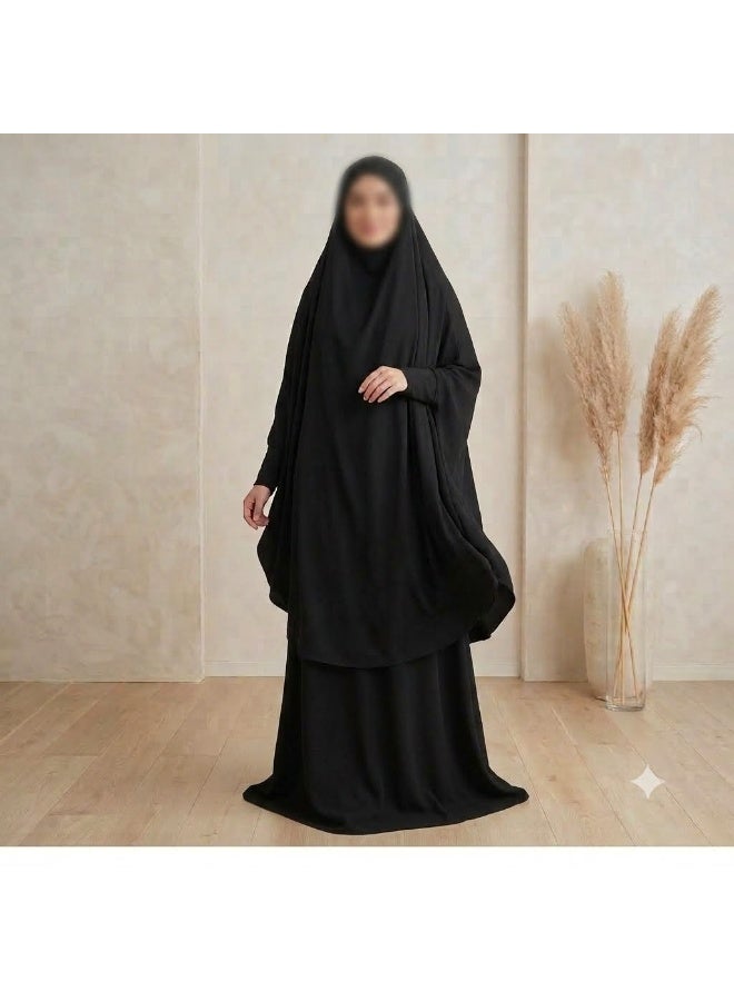 AMYAE Women's Two Piece Islamic Prayer Dress | Long Sleeve Prayer Abaya | Jilbab Prayer Set | Umrah & Hajj Essentials | Black | Free Size - Image 3