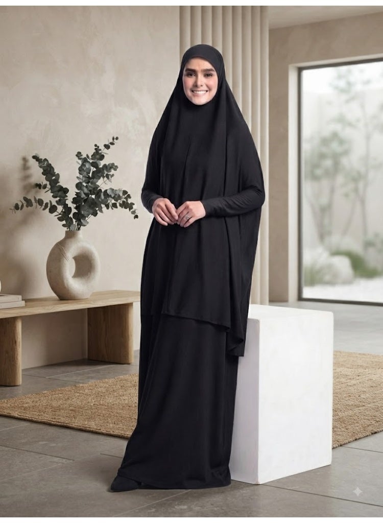أمياي فستان صلاة إسلامي للنساء مكون من قطعتين | عباية صلاة بأكمام طويلة | طقم جلباب للصلاة | مستلزمات العمرة والحج | لون أسود | مقاس حر - Image 4
