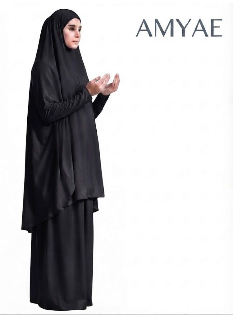 أمياي فستان صلاة إسلامي للنساء مكون من قطعتين | عباية صلاة بأكمام طويلة | طقم جلباب للصلاة | مستلزمات العمرة والحج | لون أسود | مقاس حر - Image 3