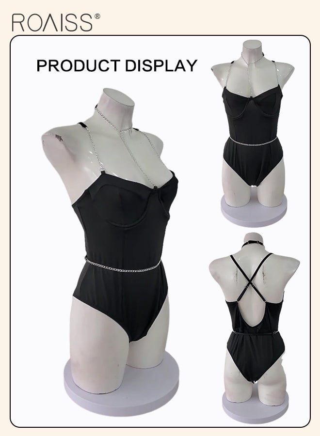 roaiss Chain Strap Design Bodysuit for Women Adjustable Cross Back Straps Loungewear Ladies Tight Waist Push up Onesie Underwear Teddy Babydolls Cosplay Costumes Boudoir Outfits  - Image 1