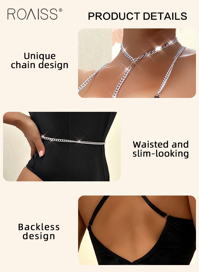 roaiss Chain Strap Design Bodysuit for Women Adjustable Cross Back Straps Loungewear Ladies Tight Waist Push up Onesie Underwear Teddy Babydolls Cosplay Costumes Boudoir Outfits  - Image 2