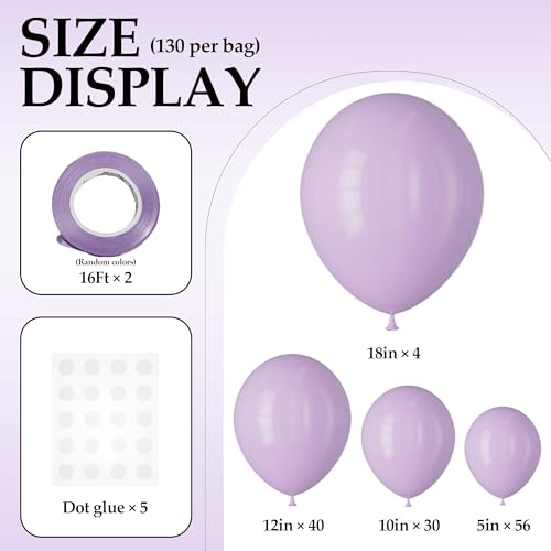 DECOCKRAT 130PCS PastelPurple Balloons Latex Balloons Different Sizes 1812105 In Helium Balloon with Ribbon Party Balloon Set for Birthday Wedding Graduation Anniversary Baby Shower Decoration - Image 5