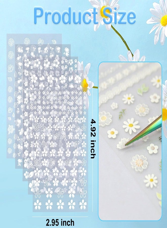 SIUSIO 5 Sheets Nail Art Stickers 3D Embossed Flower Nail Decals Self-Adhesive Spring Floral Daisy Nail Supplies White Flowers Nail Stickers for Women Girls Decoration - Image 2