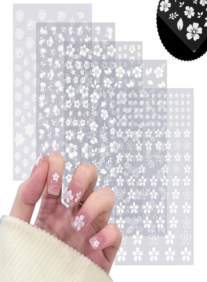 SIUSIO 5 Sheets Nail Art Stickers 3D Embossed Flower Nail Decals Self-Adhesive Spring Floral Daisy Nail Supplies White Flowers Nail Stickers for Women Girls Decoration - Image 1