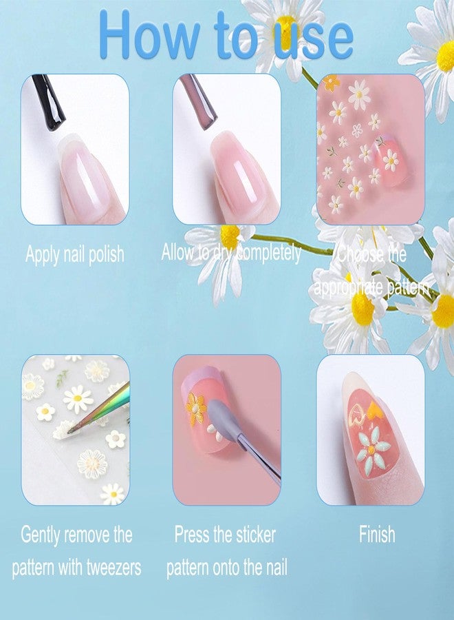 SIUSIO 5 Sheets Nail Art Stickers 3D Embossed Flower Nail Decals Self-Adhesive Spring Floral Daisy Nail Supplies White Flowers Nail Stickers for Women Girls Decoration - Image 4