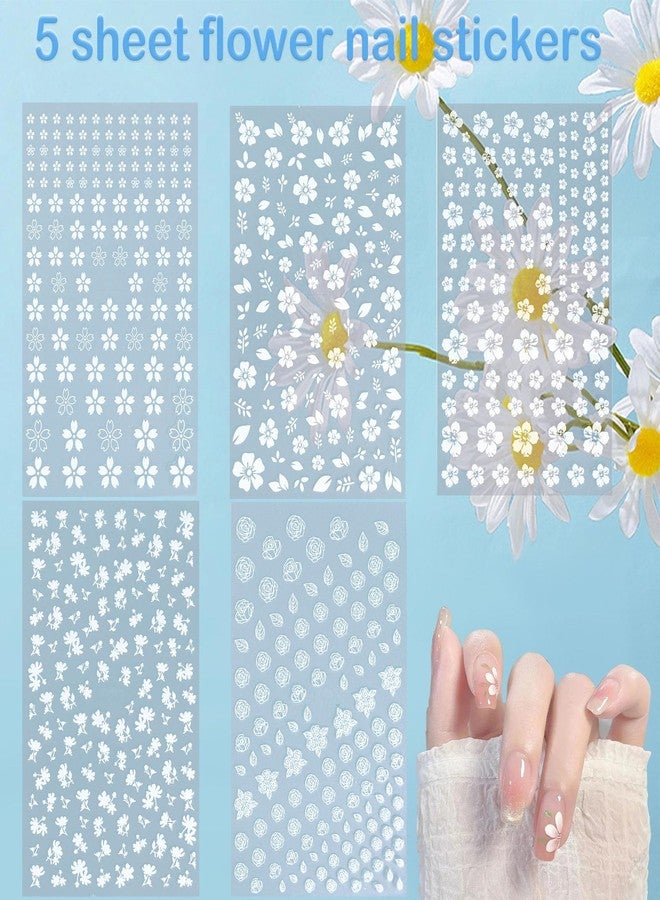 SIUSIO 5 Sheets Nail Art Stickers 3D Embossed Flower Nail Decals Self-Adhesive Spring Floral Daisy Nail Supplies White Flowers Nail Stickers for Women Girls Decoration - Image 3