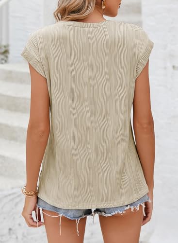 EVALESS Womens Short Sleeve Round Neck Spring Summer Textured Tops 2025 Fashion Trendy Casual Loose Fit T Shirts Tee Blouses Clothes Apricot Large - Image 3