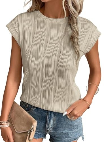 EVALESS Womens Short Sleeve Round Neck Spring Summer Textured Tops 2025 Fashion Trendy Casual Loose Fit T Shirts Tee Blouses Clothes Apricot Large - Image 4