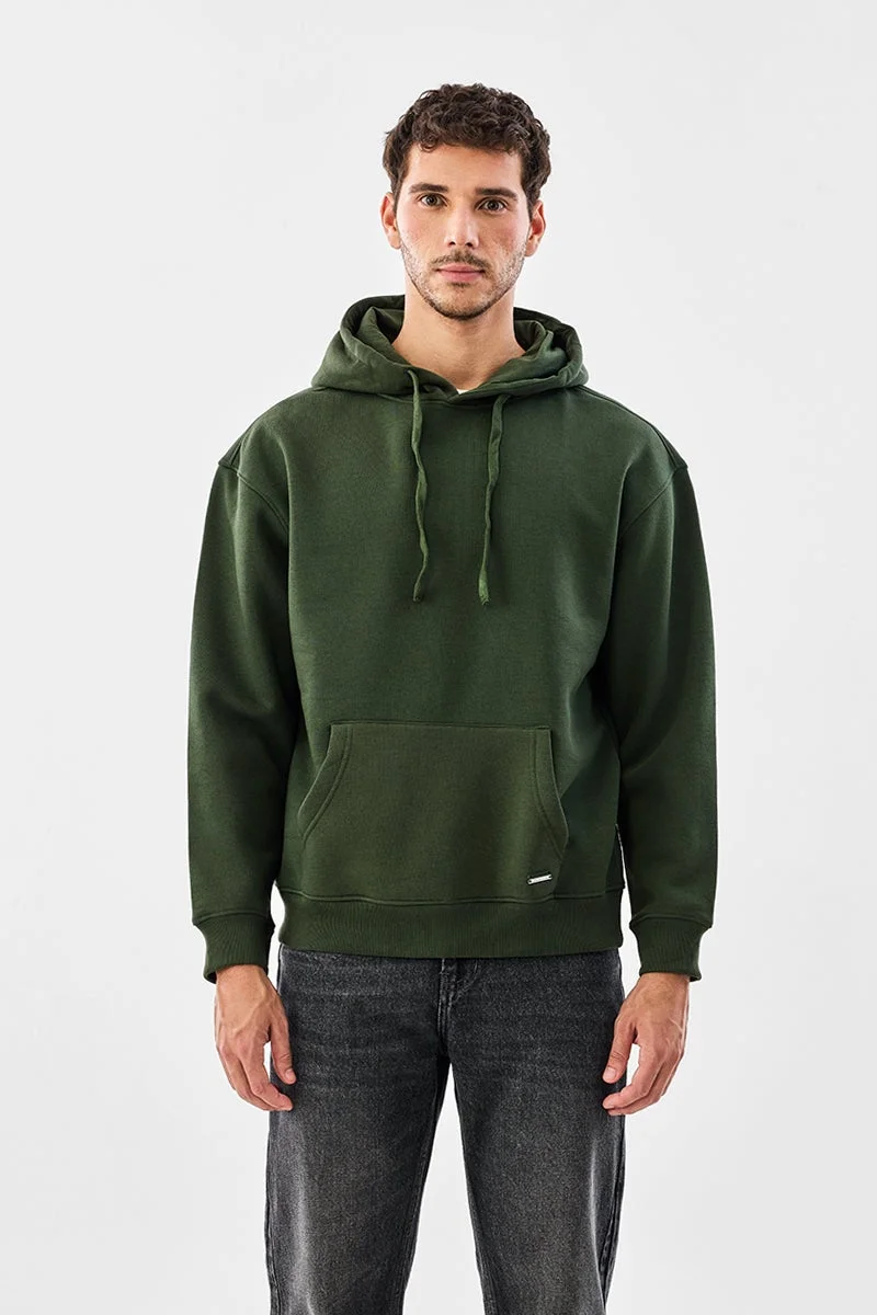 SNITCH Dark Olive Green Solid Long Sleeve Relaxed Hoodie