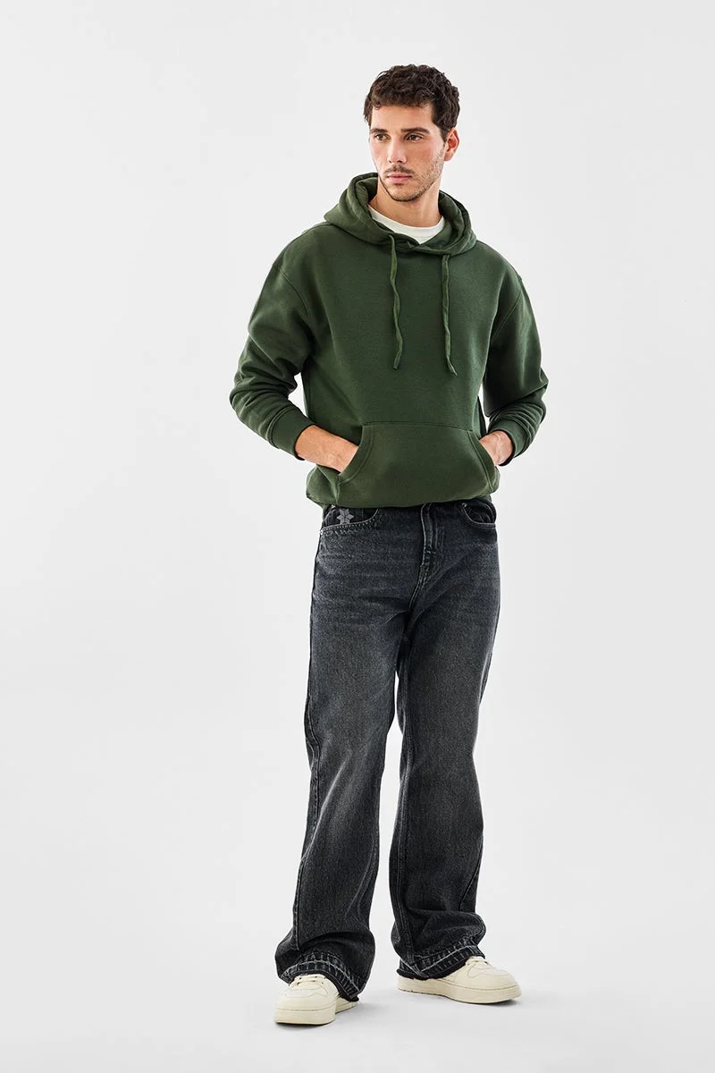 SNITCH Dark Olive Green Solid Long Sleeve Relaxed Hoodie