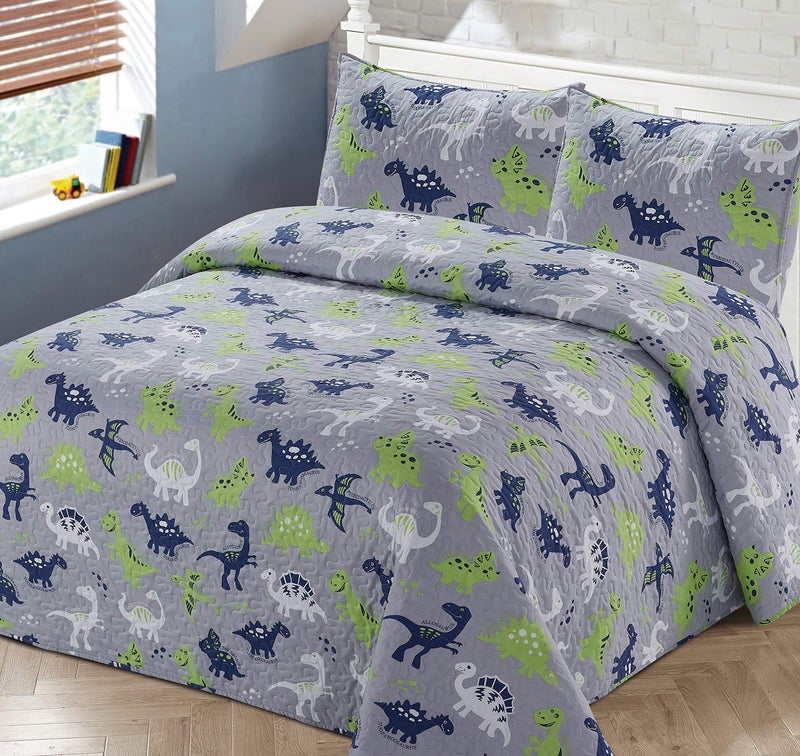 Kids Zone Home Linen Bedspread Coverlet Quilt Set for Kids MultiColor Dinosaurs Blue White Green Grey FullQueen 