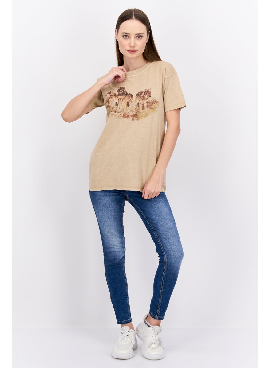 Cotton On Women Round Neck Short Sleeve Graphic T Shirt, Taupe  - Image 3