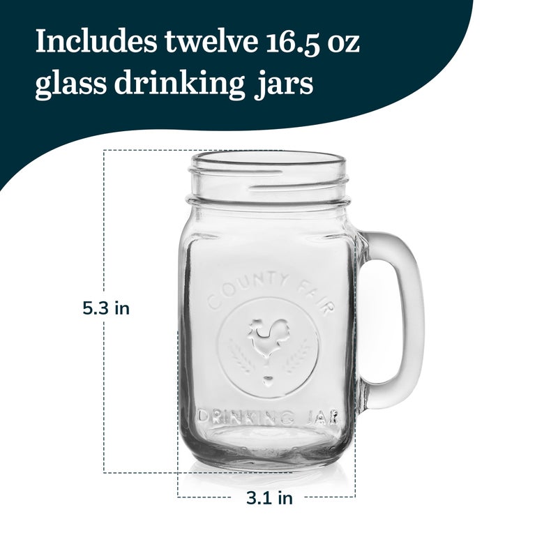 Libbey County Fair Set of 12 Mason Drinking Jars with Handles, Classic 16.5 oz Glass Mason Jar Mugs w/Top, Drinking Glass Jar for Cocktail, and More - Image 3