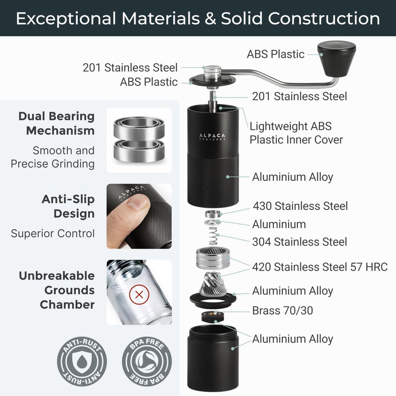 ALPACA VENTURES Manual Coffee Grinder by Alpaca Ventures - Stainless Steel Conical Burr Coffee Grinder Manual with Adjustable Setting Double Bearing Hand Espresso Grinder Perfect for Home, Office, and Camping  - Image 4