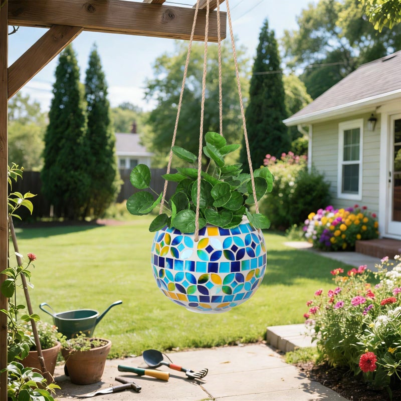 Chonsun Ceramic Hanging Planter Mosaic Hanging Flower Pot Small Plant Pot for Indoor Plant Disco Ball Planter with Drainage Square Blue - Image 1