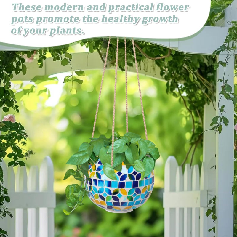 Chonsun Ceramic Hanging Planter Mosaic Hanging Flower Pot Small Plant Pot for Indoor Plant Disco Ball Planter with Drainage Square Blue - Image 3
