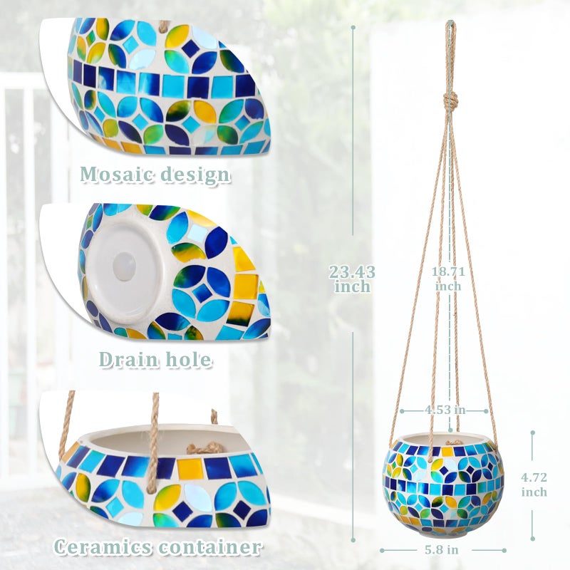Chonsun Ceramic Hanging Planter Mosaic Hanging Flower Pot Small Plant Pot for Indoor Plant Disco Ball Planter with Drainage Square Blue - Image 2