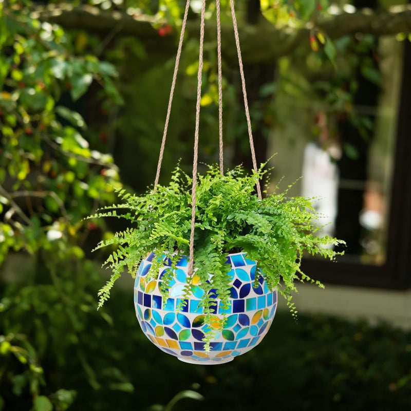 Chonsun Ceramic Hanging Planter Mosaic Hanging Flower Pot Small Plant Pot for Indoor Plant Disco Ball Planter with Drainage Square Blue - Image 4