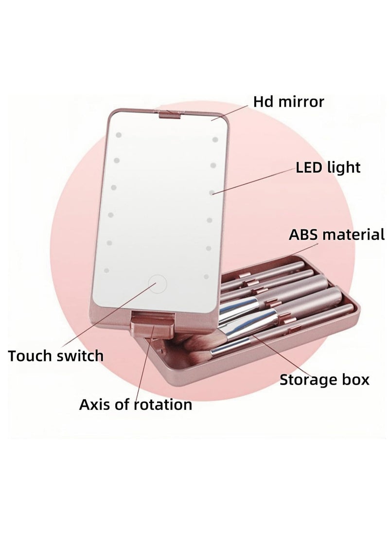 Hihonor - LED Makeup Mirror with Travel Size Makeup Brushes Set, Easy - Taken Mini Makeup Brush Set with Case and Mirror, Small Complete Function Cosmetic Brushes Kit (White,with Brush) - Image 1