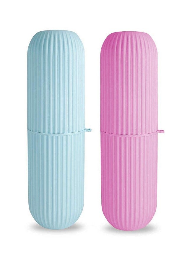 KBS Capsule Shape Travel Toothbrush Case Cover Holder Portable Toothbrush Storage Box Container Plastic Toothbrush Holder Bathroom Organizer Accessories Set(Pink-Blue-2) - Image 1
