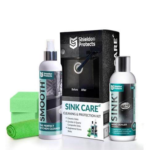S Shieldon Protects Shieldon Sink Care Kit – Cleaner & Nano Sealer for Granite Composite, Ceramic & Natural Stone Sinks – Restores Shine, Repels Stains, Grease & Hard Water – 2 Sponges & Microfiber Cloth - Image 1