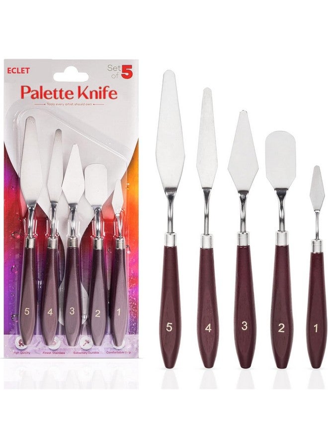 Eclet Palette Painting Knives - Set of 5 Various Sizes & Shapes, Stainless Steel Scraper Spatula with Polished Brown Handle for Artist Canvas Oil Paint Mixing Colour(B) - Image 1