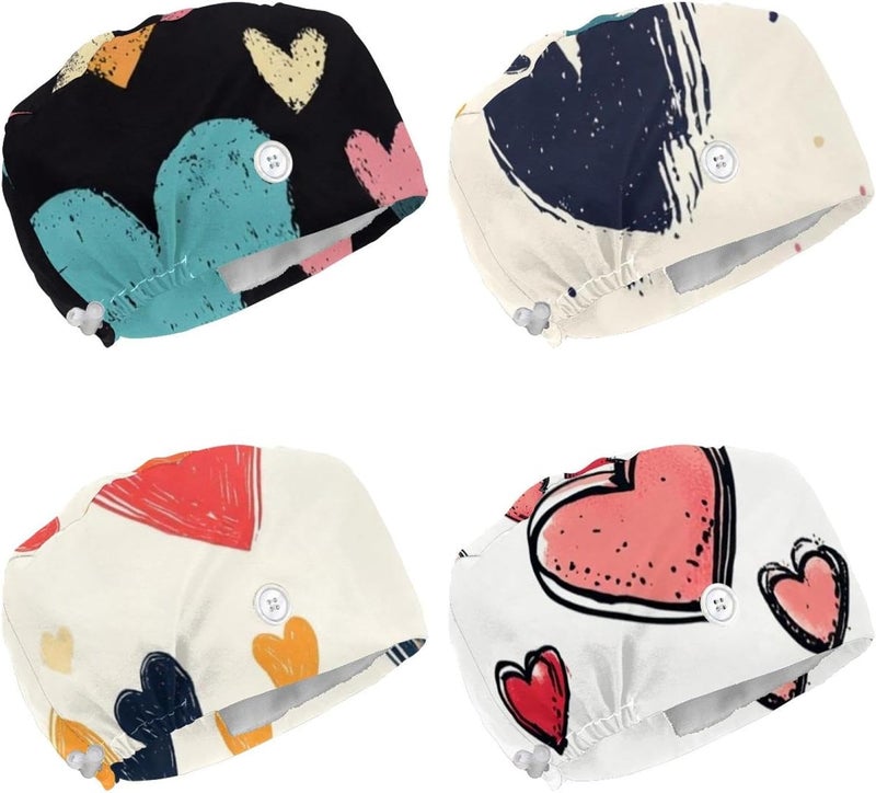 4 Pack Seamless Hearts Pattern (2) Printed Protective Caps, Breathable Lightweight Hygienic Comfort Fit Daily Use Head Covers - Image 1