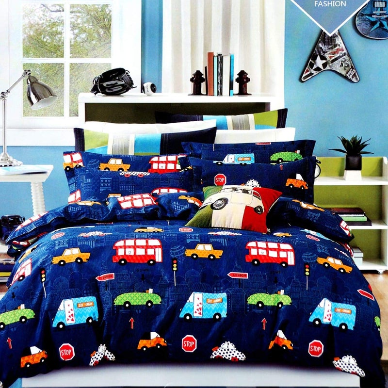 MOSHO 180 TC Kids Bus Car Print 180 TC Glace Cotton Double Bed with 2 Pillow Coevrs - Image 3