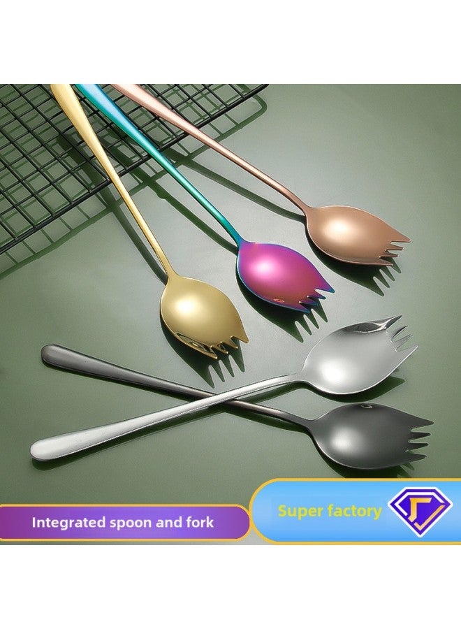 304 Stainless Steel Spoon Salad Spoon Fork Integrated Fruit Spoon Fork Hotel Restaurant Long Handle Dishes Cross Border Tableware-Color:Rose Gold (Short) - Image 2